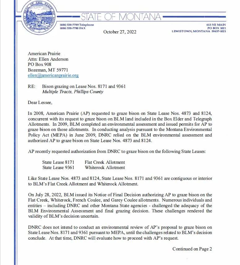 Montana Halts Bison Grazing on APR State Leases